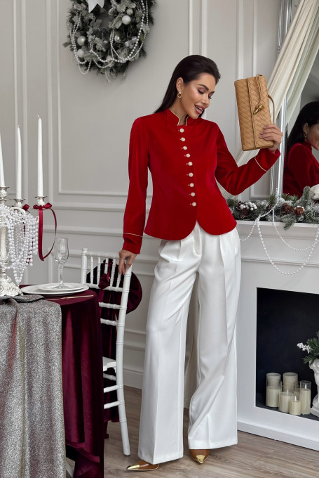 Красный бархатный приталенный женский жакет 25-545-2