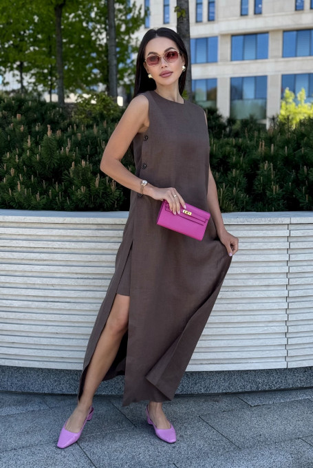 Льняной комплект с шортами коричневый 25-554-1