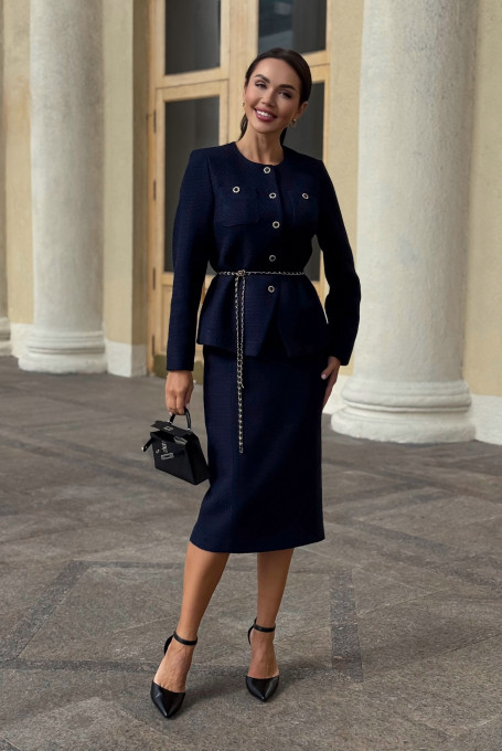 Синий твидовый костюм женский с юбкой 25-568-1