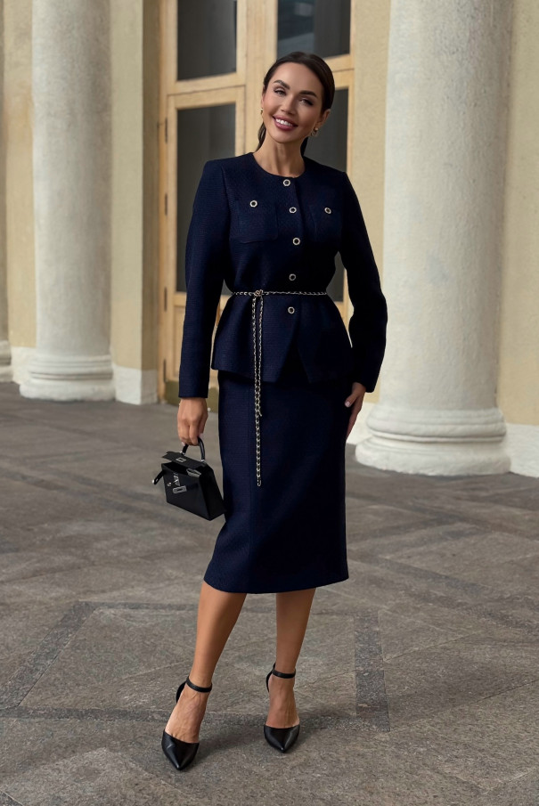 Синий твидовый костюм женский с юбкой URS / ЮРС