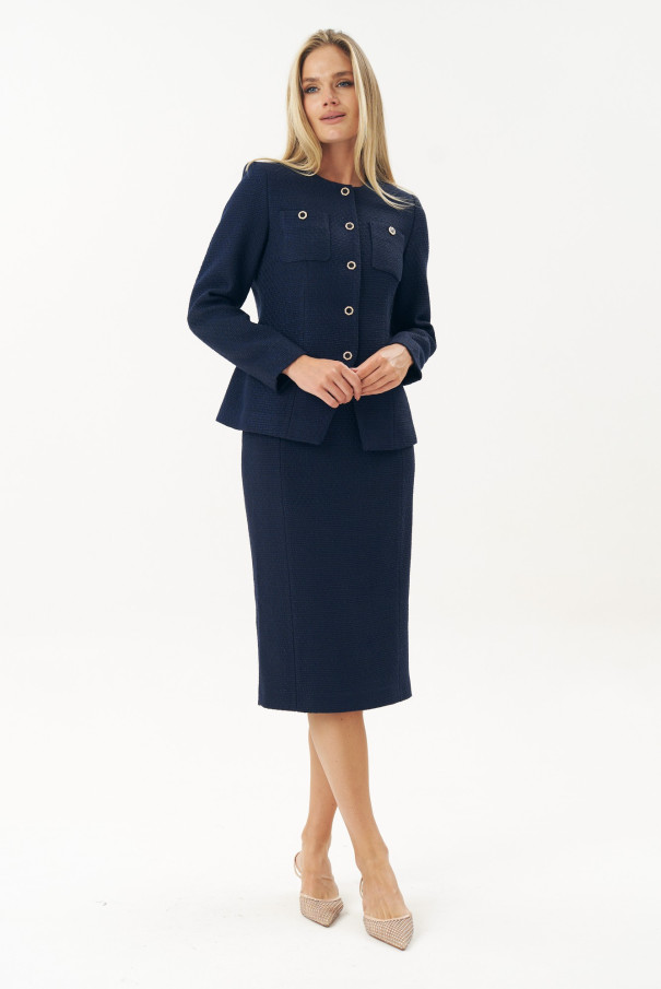 Синий твидовый костюм женский с юбкой URS / ЮРС