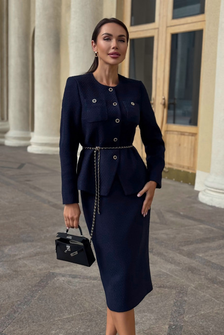 Синий твидовый костюм женский с юбкой 25-568-1