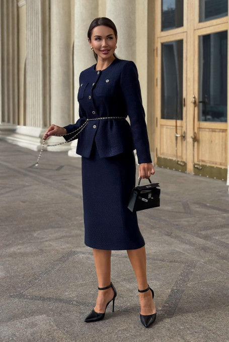 Синий твидовый костюм женский с юбкой 25-568-1