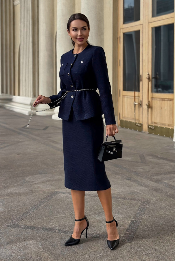 Синий твидовый костюм женский с юбкой URS / ЮРС