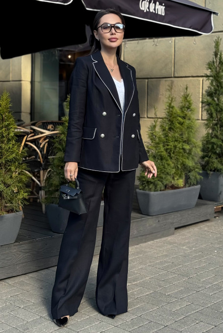 Чёрный льняной костюм с брюками 25-571-1