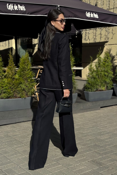 Чёрный льняной костюм с брюками 25-571-1