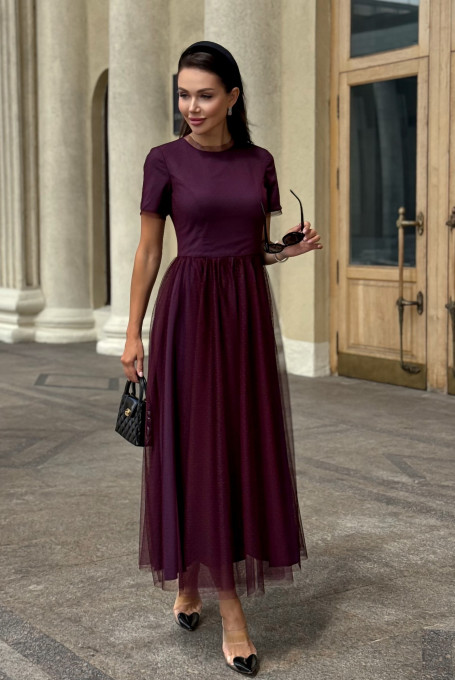 Платье женское нарядное из фатина, бордовое 25-578-2