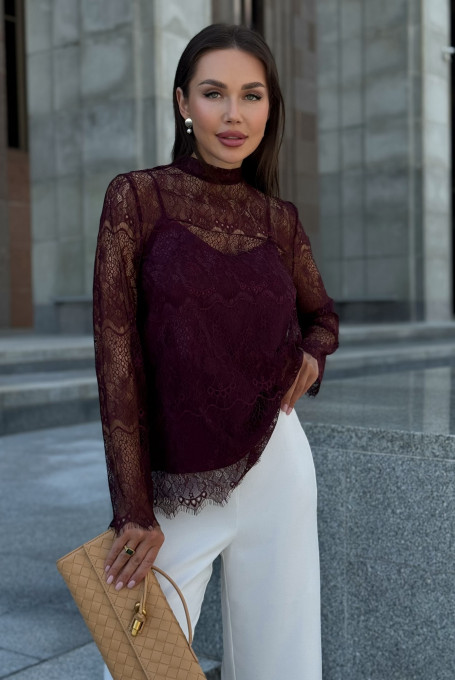Блузка женская гипюровая бордовая с топом 25-580-3