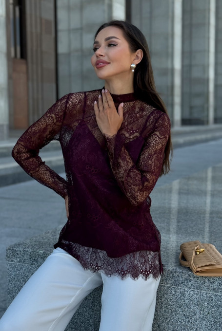 Блузка женская гипюровая бордовая с топом 25-580-3