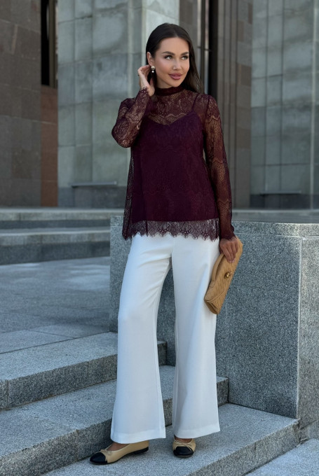 Блузка женская гипюровая бордовая с топом 25-580-3