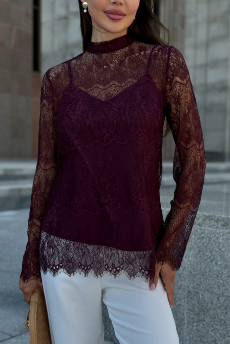 Блузка женская гипюровая бордовая с топом 25-580-3