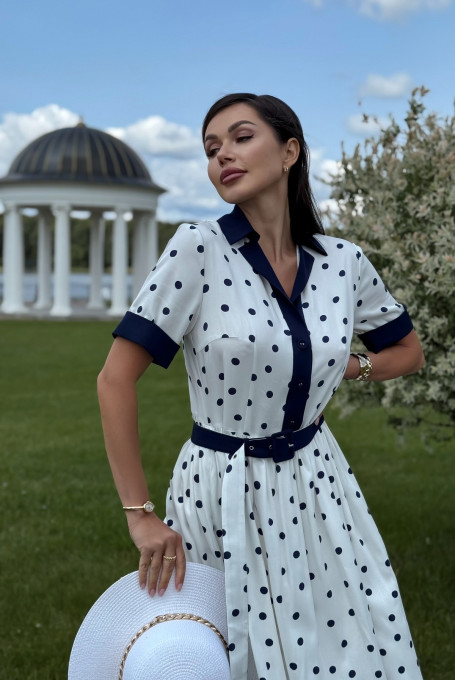 Белое платье в синий горошек 25-583-1