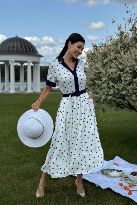 Белое платье в синий горошек 25-583-1