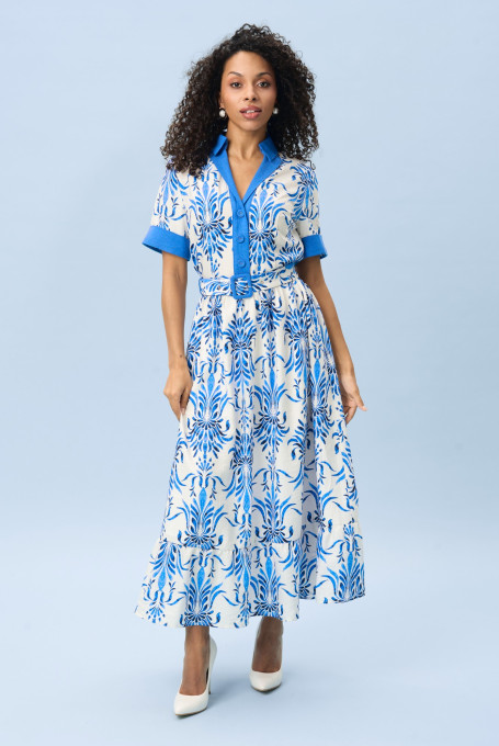 Белое платье миди с васильковым принтом 25-583-2