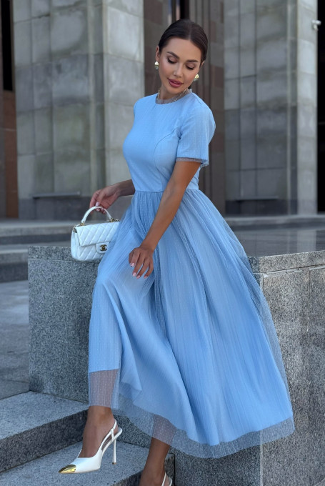 Голубое фатиновое женское платье 25-605-1
