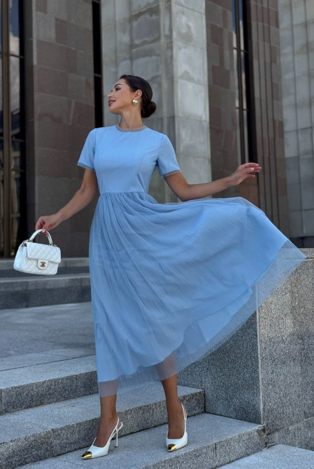 Голубое фатиновое женское платье 25-605-1