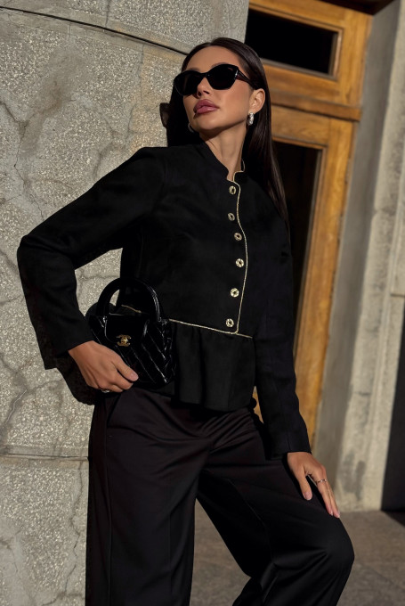 Женский чёрный замшевый жакет нарядный 25-607-1