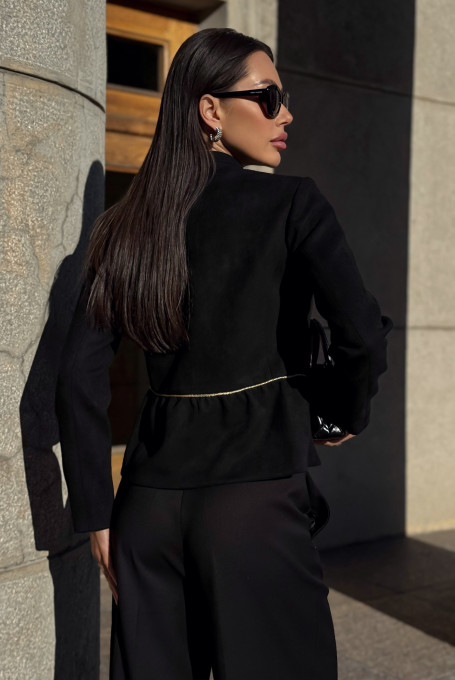 Женский чёрный замшевый жакет (пиджак) нарядный 25-607-1