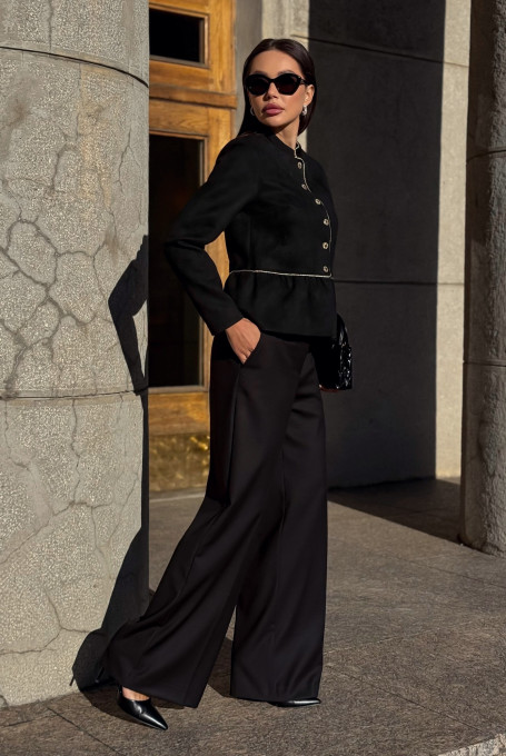 Женский чёрный замшевый жакет (пиджак) нарядный 25-607-1