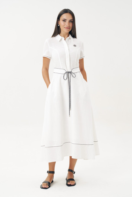 Белое льняное платье-рубашка миди 25-612-2