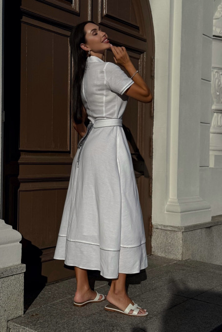 Белое льняное платье-рубашка миди 25-612-2