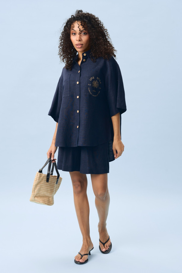 Костюм льняной летний с шортами и рубашкой URS / ЮРС