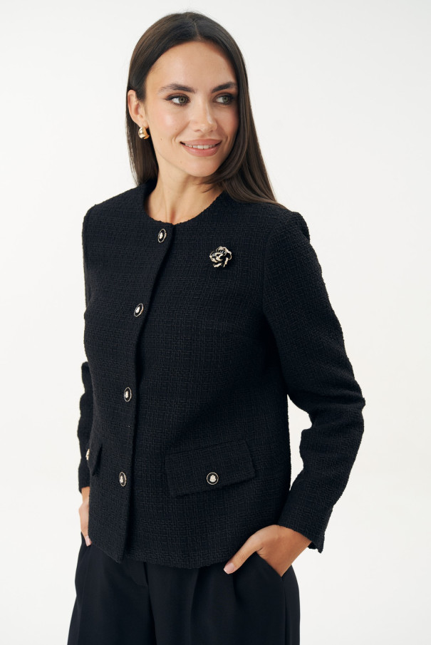 Черный твидовый жакет (пиджак) с брошью Rose URS / ЮРС классический стиль
