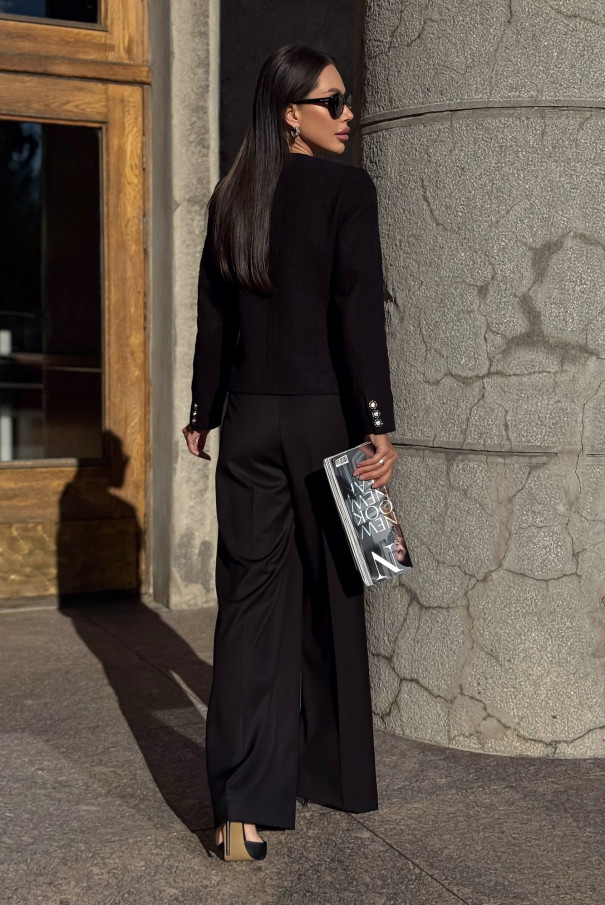 Черный твидовый жакет (пиджак) с брошью Rose URS / ЮРС классический стиль