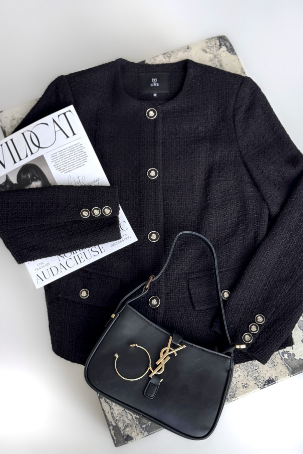 Черный твидовый жакет (пиджак) с брошью Rose URS / ЮРС классический стиль