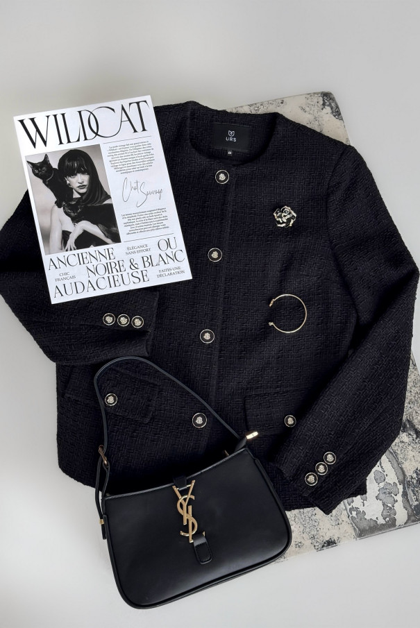 Черный твидовый жакет (пиджак) с брошью Rose URS / ЮРС классический стиль