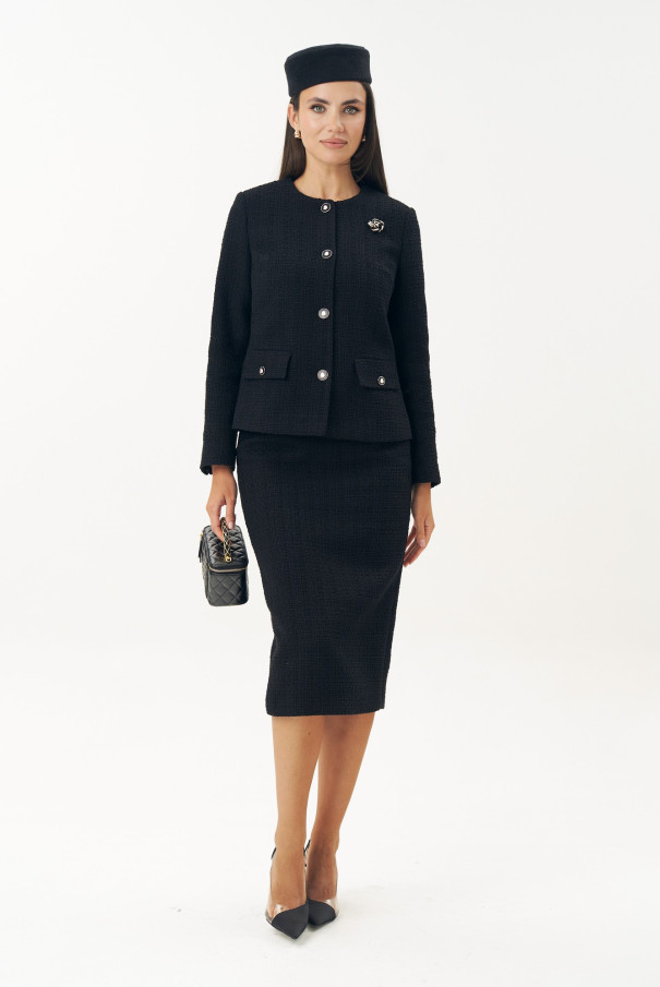 Черный твидовый жакет (пиджак) с брошью Rose URS / ЮРС классический стиль