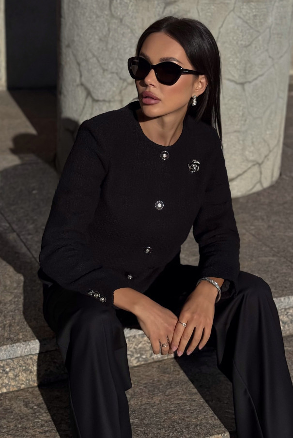 Черный твидовый жакет (пиджак) с брошью Rose URS / ЮРС классический стиль