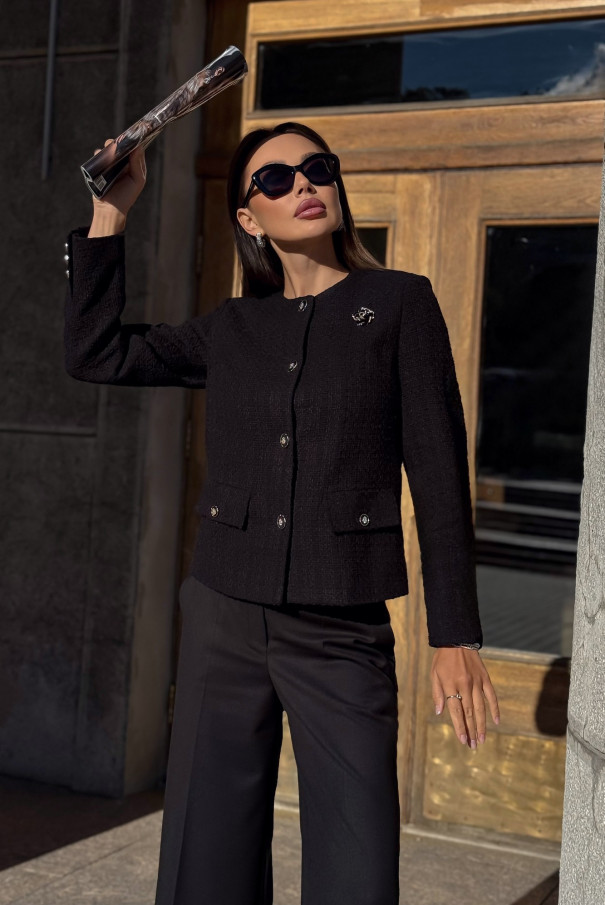 Черный твидовый жакет (пиджак) с брошью Rose URS / ЮРС классический стиль