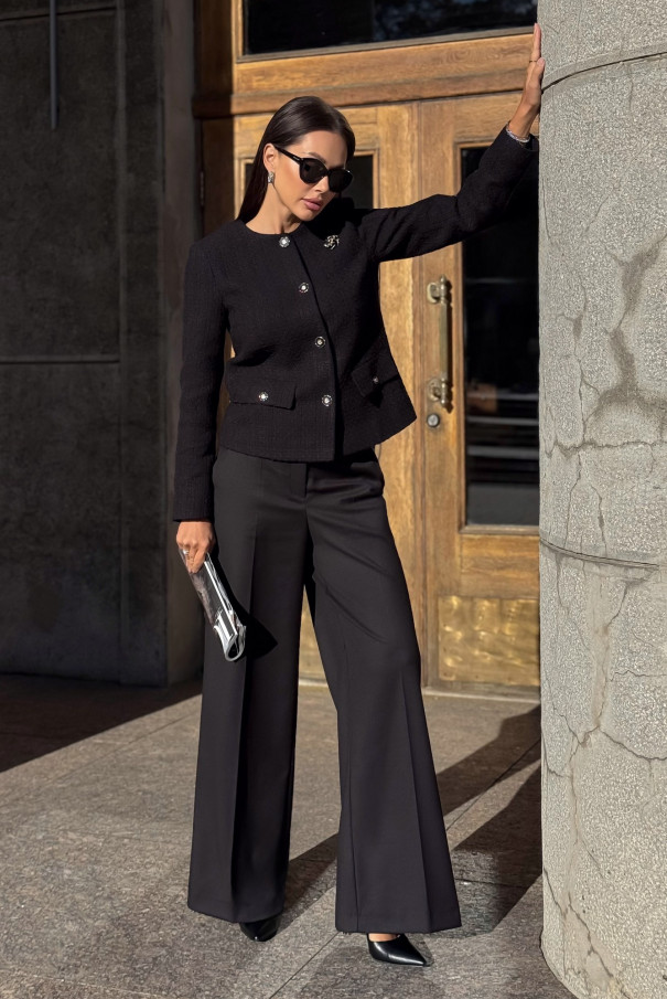 Черный твидовый жакет (пиджак) с брошью Rose URS / ЮРС классический стиль