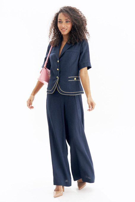 Синий льняной костюм с брюками 26-674-1