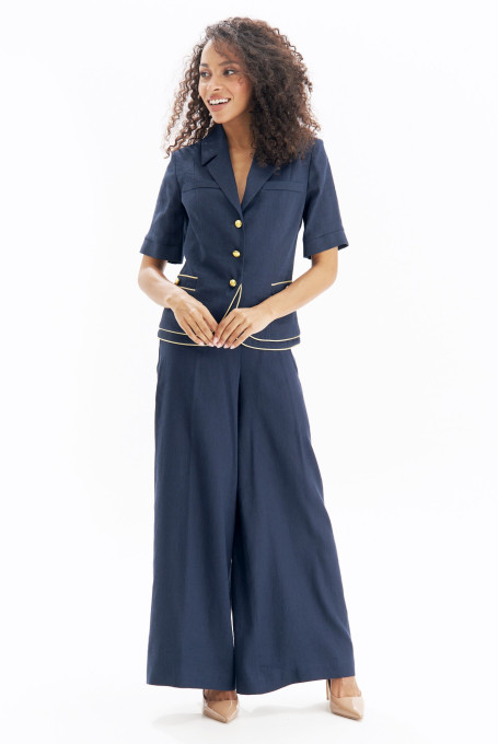 Синий льняной костюм с брюками 26-674-1