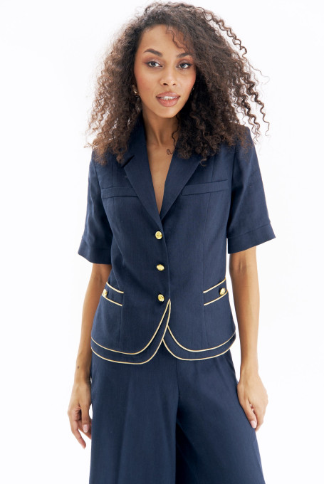 Синий льняной костюм с брюками 26-674-1