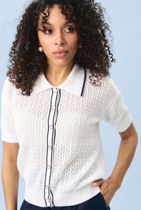 Белый ажурный джемпер поло женский 5188