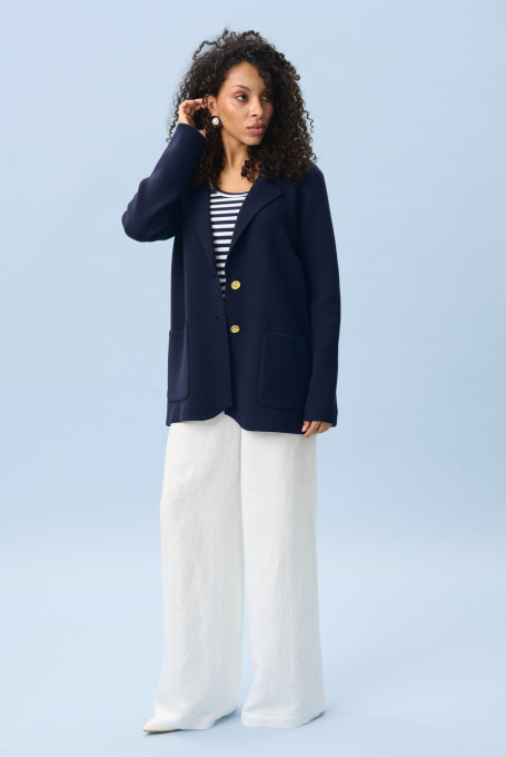 Синий удлиненный трикотажный жакет 5323