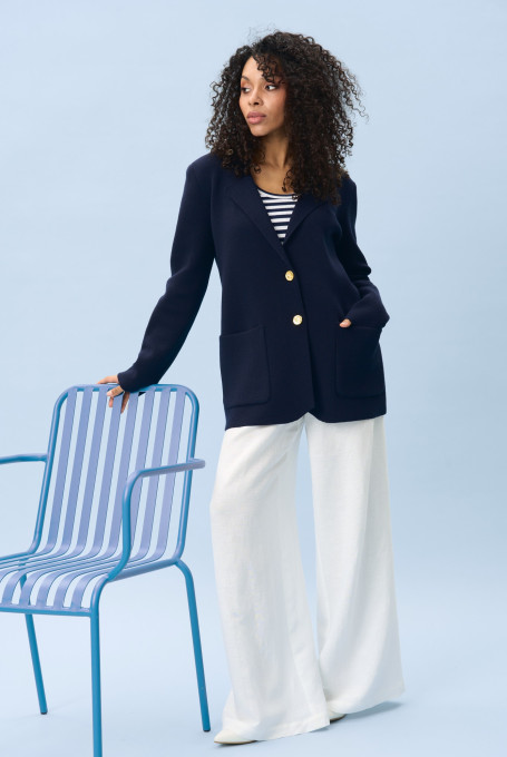 Синий удлиненный трикотажный жакет 5323